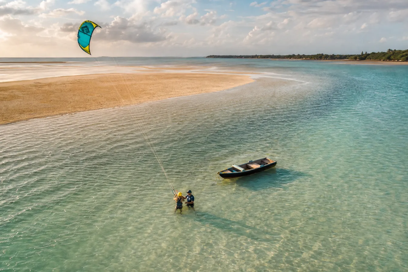 Aluna iniciante de kitesurf na água rasa e plana com um instrutor ao lado e um barco de apoio próximo, numa lagoa turquesa do Nordeste